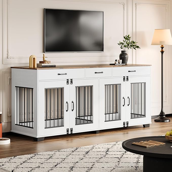71 in Large Dog Crate Furniture for 2 Dogs with 3 Drawers, Heavy Duty Double Indoor Dog Kennel and TV Stand for Medium Large Dogs, Brown & White