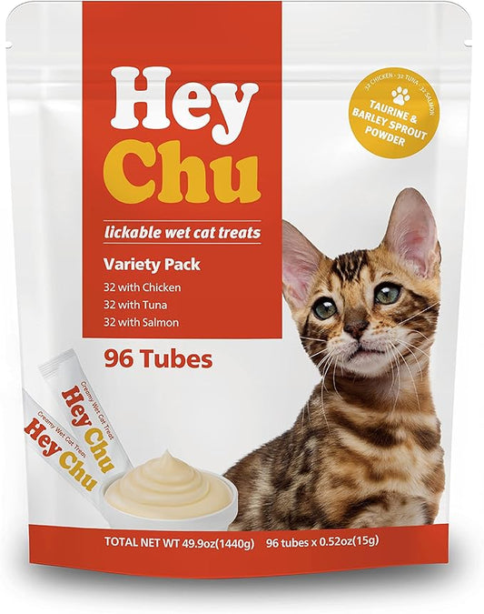 HEY CHU Squeezable Cat Treats, Lickable Puree, Grain-Free, 96 Tubes, Tuna Salmon Chicken, 0.5oz Each Tube