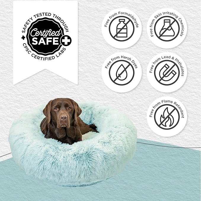 Best Friends by Sheri Original Calming Donut Dog and Cat Bed, Shag Faux Fur, Baby Blue, (36in x 36in) - Anxiety Relief for Pets Up to 100 lbs