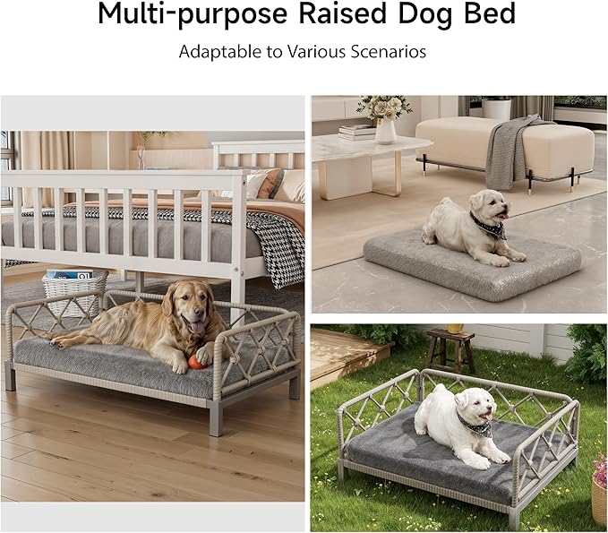 Dog Bed with Cushion, Cooling Elevated Raised Beds with Rattan Breathable Mesh and Universal Mat, Indoor & Outdoor Pet Cots for Large Dog, Grey