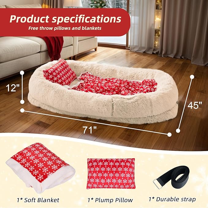 Human & Pet Bed - 71''x45''x12'' Washable Faux Fur, Orthopedic Dog Bed for Napping, Plump Pillow & Blanket, Strap - Beige