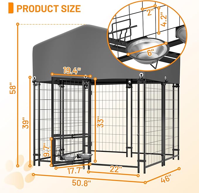 Dog Crate Dog Kennel Outdoor W/Roof,Dog Cage W/ 360°Rotating Feeder & Secure Lock,Weatherproof Dog Pens Outside W/Flexible Clamps,for Garden Yard,Grey(4.23x3.83x4.83 FT)