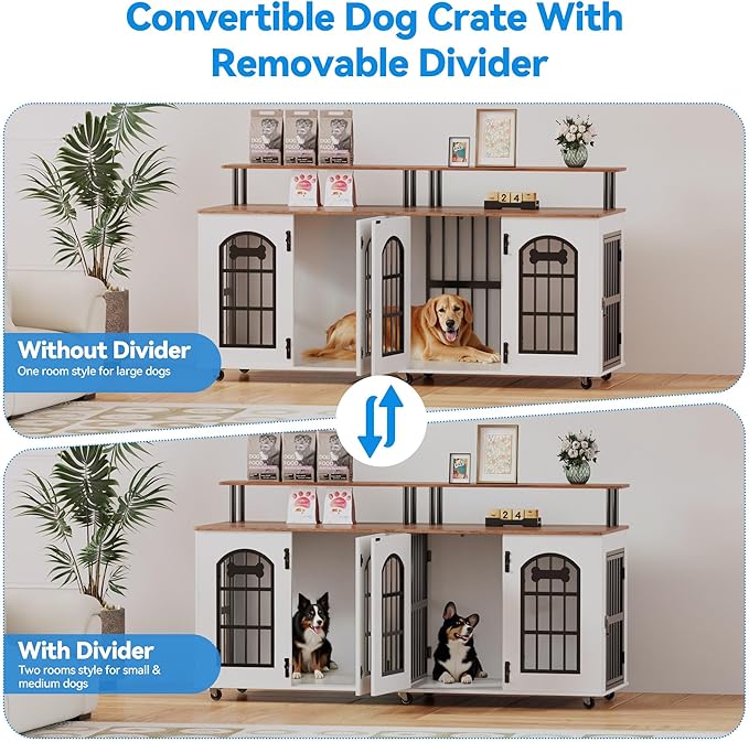 Petrova 63" Dog Crate Furniture for 2 Dogs, XL Large Indoor Wooden Dog Kennel with Divider, 6 Lockable Wheels & Storage, Heavy Duty Modern Decorative Double Dog Cage TV Stand for Medium/Large Breed