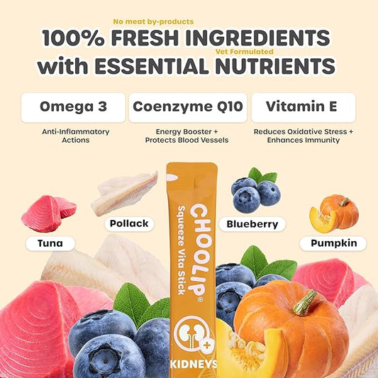 Choolip Squeeze Vita Stick Lickable Cat Treats & Dog Puree – 7-Count Kidney Support Tubes, Creamy Grain-Free Hydrating Puree, High-Protein Multivitamin Treats for Urinary & Kidney Health