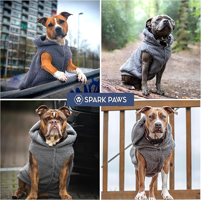Spark Paws Fleece Dog Jacket, Hooded Sweater Vest, Warm Coat for Winter - Suitable for Small Medium Large XL XXL Breeds - Grey - S