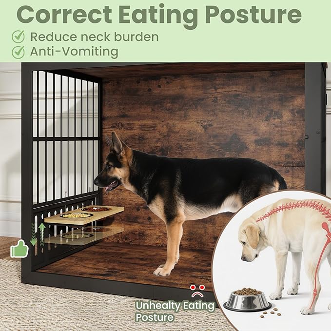 48 Inch XXL Dog Crate Furniture, Wooden Chewproof Dog Kennel with Interactive Window, 360° Adjustable Bowls (5 Heights), Storage Table Top, Heavy Duty XL Dog Crate for Medium Large Dogs, Brown