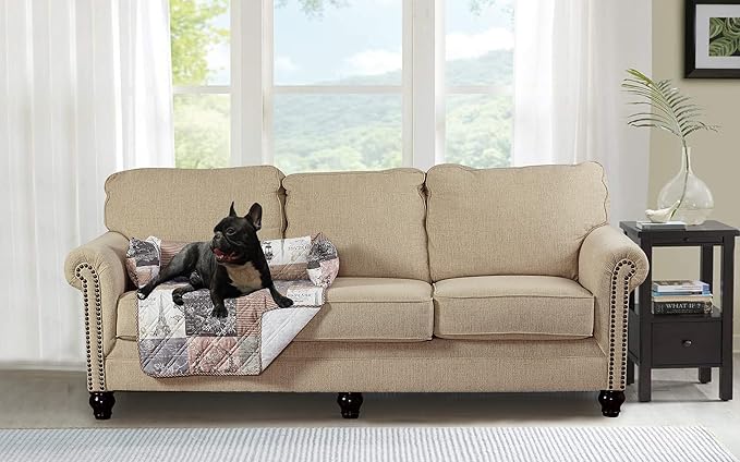 Brilliant Sunshine Quilted Calming Dog Bed Mat, Removable Washable Cover, Cushion Protector and Couch Covers for Dogs, Pets, Cats, Medium, Latte Grey Paris and Toile Floral Patchwork