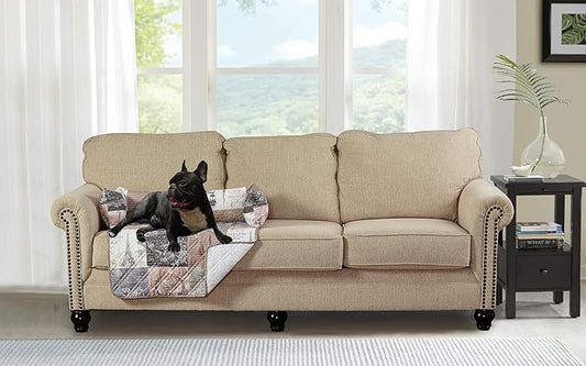 Brilliant Sunshine Quilted Calming Dog Bed Mat, Removable Washable Cover, Cushion Protector and Couch Covers for Dogs, Pets, Cats, Medium, Latte Grey Paris and Toile Floral Patchwork