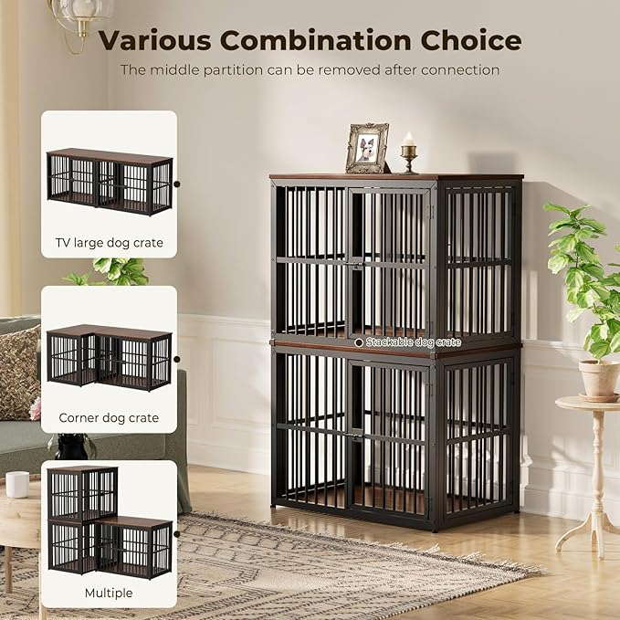 Lyromix 66'' Dog Crate Furniture with Double Rooms,Wooden Crate TV Stand with Removable Divider, Heavy Duty Indoor Puppy Cage Kennel for Small to Medium Dogs, Can Use Separately, Walnut