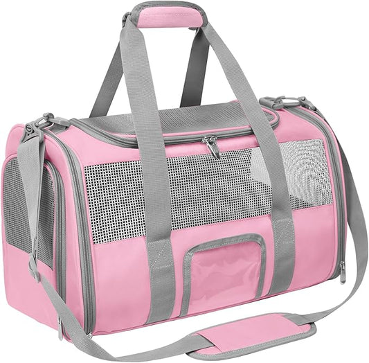 Pet Carrier Airline Approved for Puppy Medium Cats 15 Lbs Small Dog Carrier Breathable Collapsible Soft Sided Cat Travel Carriers, Pink with Grey