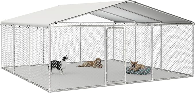 15.3x15.3 FT Outdoor Dog Kennel Outside with Metal Large Dog Cage, Outdoor Dog Pens with Roof, Heavy Duty Dog Kennel for Backyard Farm Use(183.1x183.1x83.1IN)