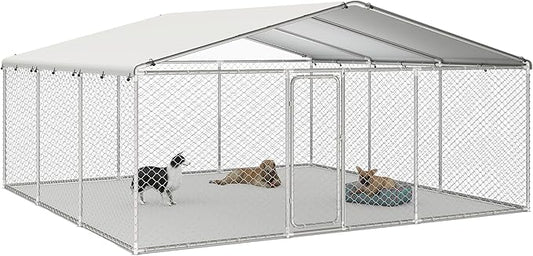 15.3x15.3 FT Outdoor Dog Kennel Outside with Metal Large Dog Cage, Outdoor Dog Pens with Roof, Heavy Duty Dog Kennel for Backyard Farm Use(183.1x183.1x83.1IN)