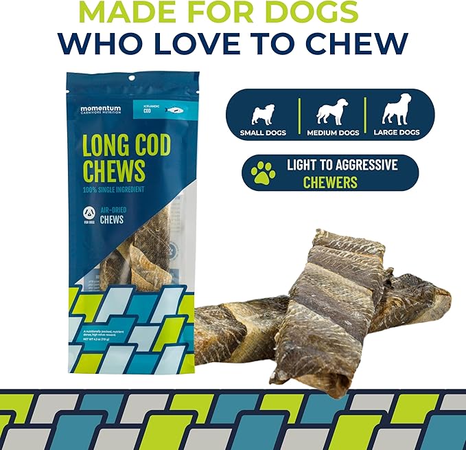 Momentum Carnivore Nutrition Long Cod Dog Chews – Single Ingredient Icelandic Cod Skin Treats – Natural Dental Support, High-Protein Fish Chews - 4.2 oz Bag