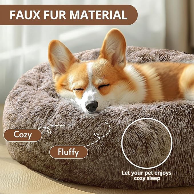 JOLLYVOGUE Calming Dog & Cat Bed for Small Dogs, Anti-Anxiety Donut Cuddler Cozy Soft Round Bed with Anti-Slip Bottom, Fluffy Faux Fur Plush Cushion Beds for Small Dogs, 20"/Smoke Brown