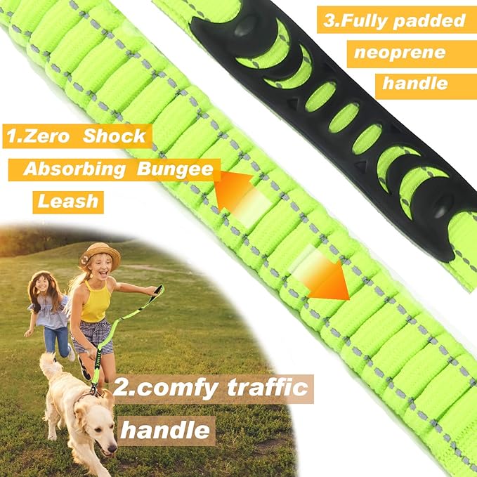 Heavy Duty Dog Leash Especially for Large Dogs Up to 150lbs, 4 Ft Reflective Dog Walking Training Shock Absorbing Bungee Leash with Car Seat Belt Buckle, 2 Padded Traffic Handle for Extra Control