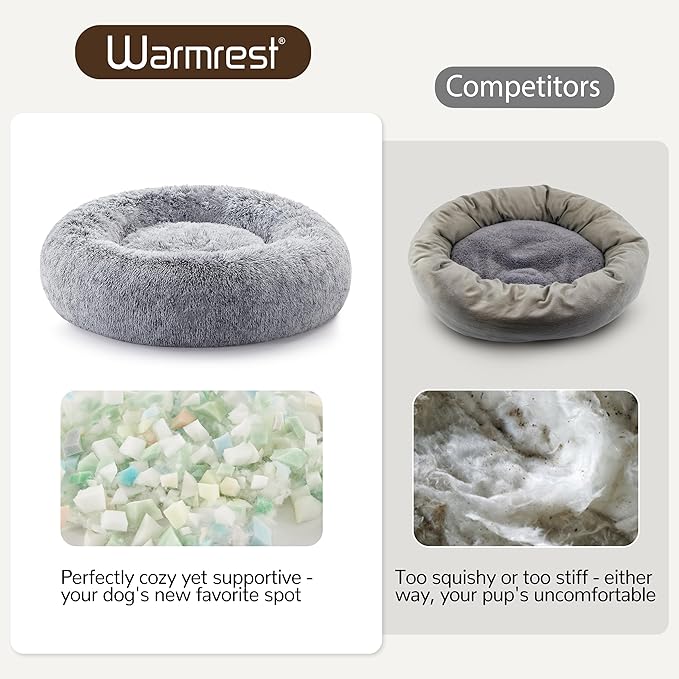 Donut Dog Bed Medium Size Dog, Round Cat Beds for Small Medium Dogs and Cats with Washable Fluffy Faux Fur, Cute Comfort Pet Bed with Anti-Slip Bottom, Grey, 36"