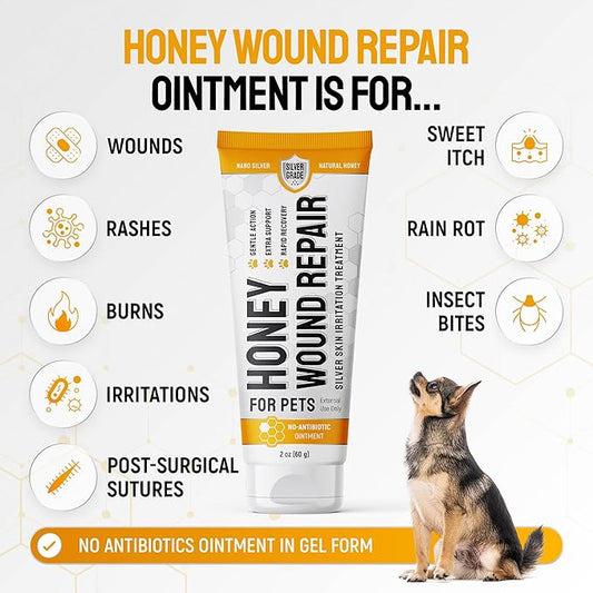 Best Hot Spot Treatment for Dogs – No Antibiotic Wound Ointment for Dogs & Cats for Irritation & Scratches – Honey Wound Repair Gel (2 oz) – Colloidal Silver – Better with Cat Cones to Stop Licking