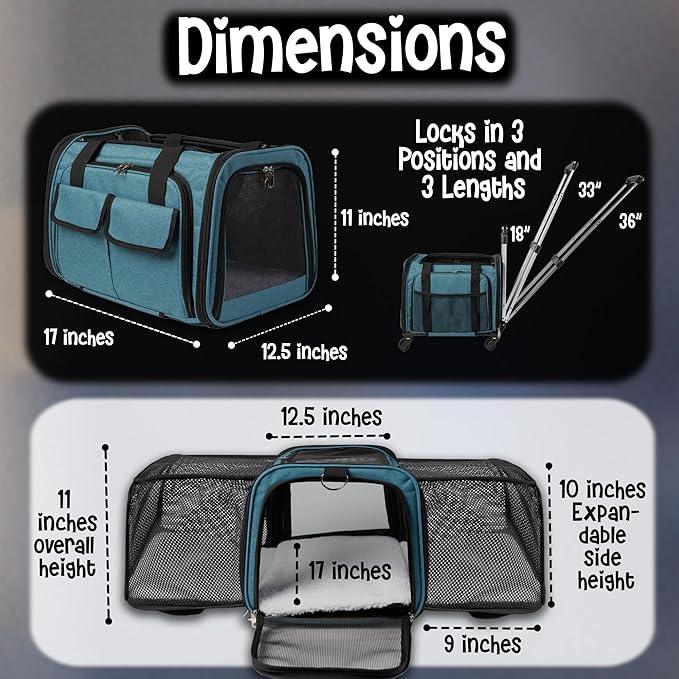 Pet Carrier with Wheels | Delta American Frontier Airline Approved | Two Expandable Sides, Storage Pockets Adjustable Leash | Rolling Dog and Cat Carrier TSA Compliant (Blue 17x12.5x11)