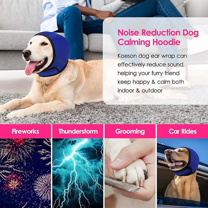 KOESON Dog Calming Hoodie - No Shake Ear Wraps for Dogs, Anxiety Relief & Noise Protection, Water Resistant Pet Ear Cover Muffs for Firework, Grooming, Thunderstorms, Swimming, Bathing, Royal Blue S