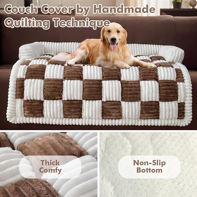 LiveGo Fuzzy Pet Couch Covers for Sofa, Dog Couch Cover Fuzzy Sofa Cover Cream Square Plaid Dog Bed Plush Dog Mat for Furniture Protector for Large Medium Dogs and Cats (Dark Brown, 29.5"*29.5")