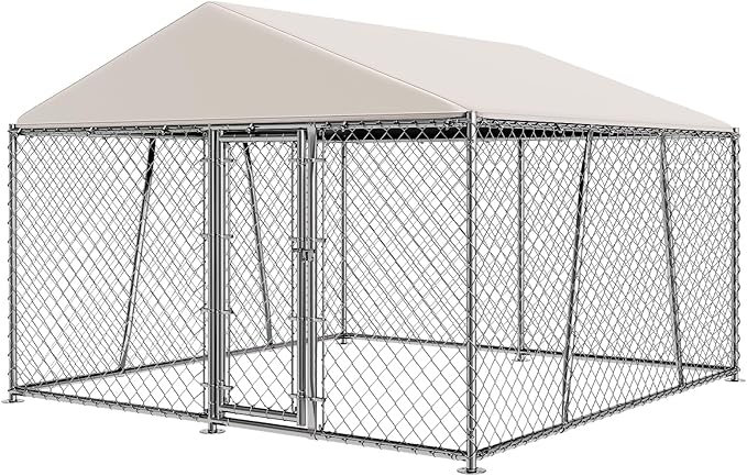 Lyromix 10 x 10FT Large Outdoor Dog Kennel with Roof, Dog Kennel Outside with Waterproof Cover, Galvanized Heavy Duty Chain Link Dog Runs Cage Playpen for Outside with Secure Lock