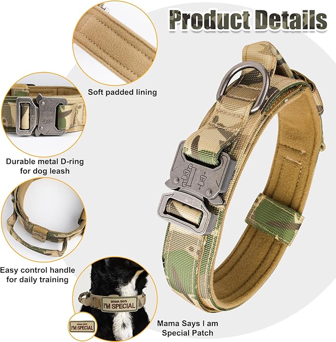 KCUCOP Tactical Dog Collar with Handle,Adjustable Military Dog Collar with Metal Buckle and Patches,Heavy Duty Dog Collars for Medium and Large Dogs (Camo-L)