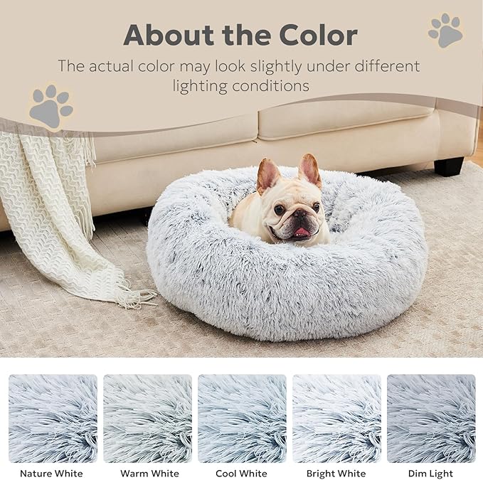 Calming Dog Bed for Small Dogs, 23 inches Puppy Bed Washable, Anti-Anxiety Donut Fluffy Dog Bed Indoor, Comfort Plush Faux Fur (Light Grey, 23")