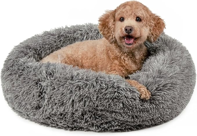 Furhaven 23" Round Calming Donut Dog Bed for Indoor Cats & Small Dogs, Washable, For Dogs Up to 20 lbs - Shaggy Plush Long Faux Fur Donut Bed - Gray, Small, 23.0"L x 23.0"W x 9.0"Th