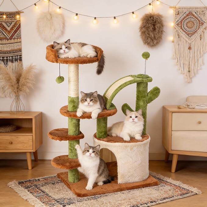 Cactus Cat Tree for Indoor Cats, Multi-Level Cat Tower with Sisal Scratching Posts, Stable Cat Condo with Perches and Climbing Steps, 36.6", Brown