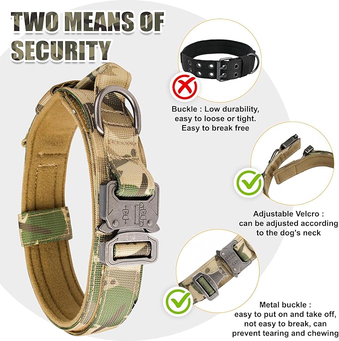 KCUCOP Tactical Dog Collar with Handle,Adjustable Military Dog Collar with Metal Buckle and Patches,Heavy Duty Dog Collars for Medium and Large Dogs (Camo-L)