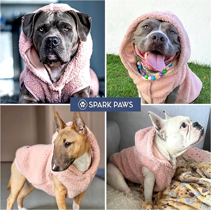 Spark Paws Fleece Dog Jacket, Hooded Sweater Vest, Warm Coat for Winter - Suitable for Small Medium Large XL XXL Breeds - Pink - L