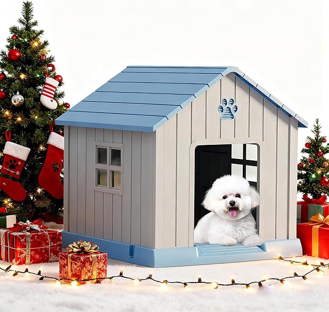Fancyango Dog House Outdoor Indoor - Waterproof, Ventilated, Easy to Clean, Elevated Floor for Small-Large Dogs, Easy to Assemble (Blue, 31" L x 33.3" W x 33.5" H)