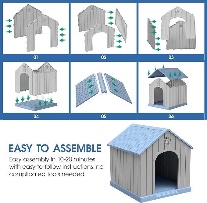 Large Dog House Outdoor Indoor for Medium Large Dogs, Sturdy Plastic Waterproof Doghouse with Air Vents and Elevated Floor, Easy Clean and Assemble (Light Blue, 36.2''L×38''W×38''H)