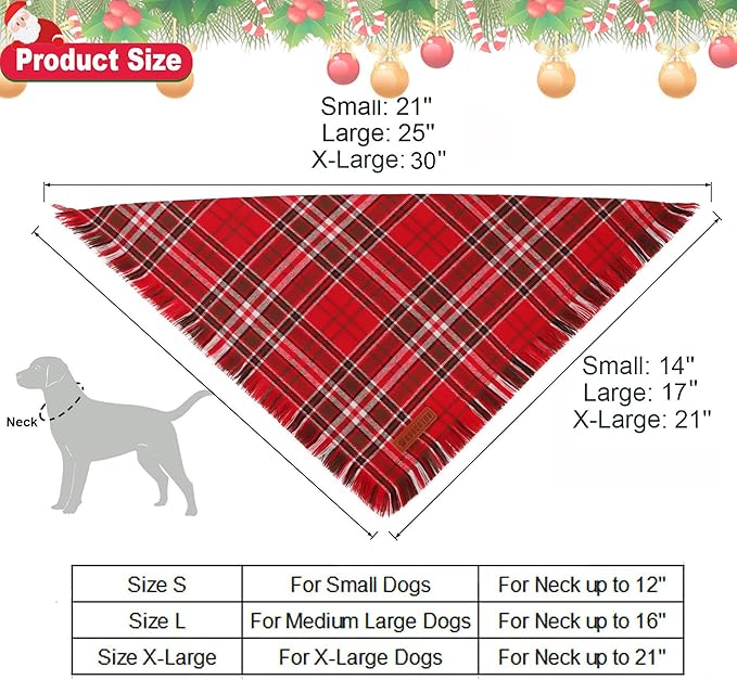 ADOGGYGO Christmas Dog Bandanas with Tassels Edges, Stylish Red Plaid Xmas Scarf, Multiple Sizes, Christmas Bandanas for Small Dogs (Small)
