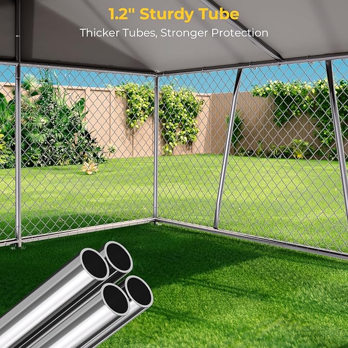 Lyromix 10 x 10FT Large Outdoor Dog Kennel with Bowls, Dog Kennel Outside with Waterproof Cover Roof, Galvanized Heavy Duty Chain Link Dog Runs Cage Playpen for Outside with Secure Lock