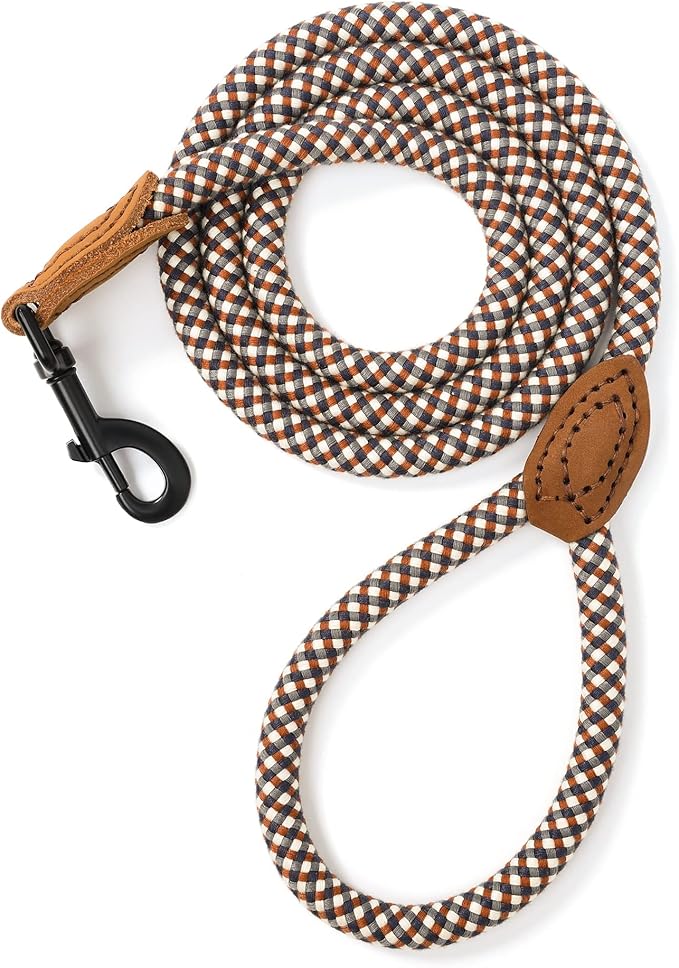 Mile High Life Rope Leash with Genuine Leather Connection, 6 FT/5 FT/4 FT, Heavy Duty Leash for Medium & Large Dogs (Brown, 48 Inch)
