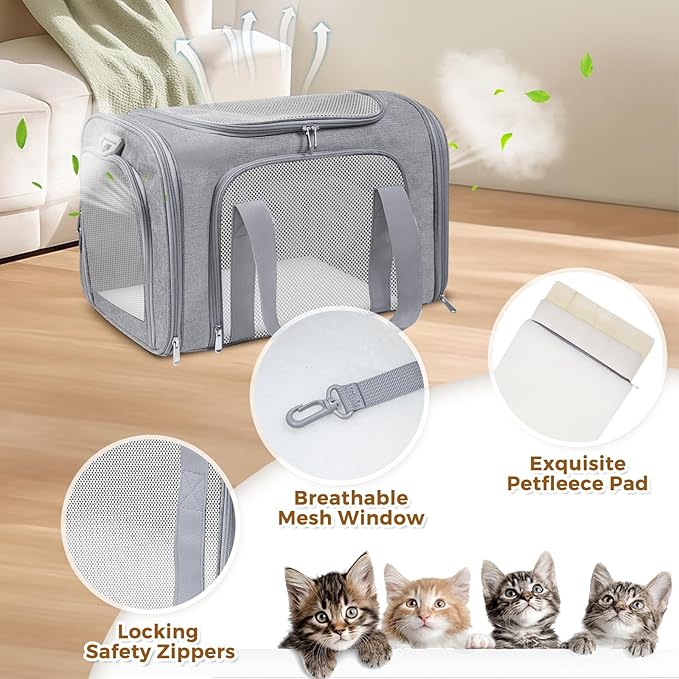 Cat Carrier Soft for Pets Up to 15 Lbs, Cat Travel Bag Soft-Sided with Padded Shoulder Strap, Pet Dog Carriers for Small Dogs Travel Puppy Carry Airline Approved, Grey