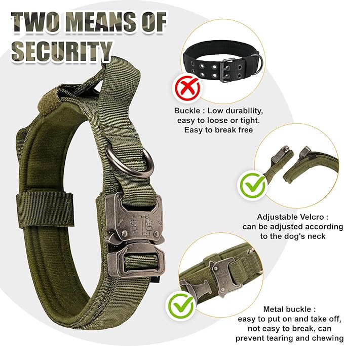 KCUCOP Tactical Dog Collar with Handle,Adjustable Military Dog Collar with Metal Buckle and Patches,Heavy Duty Dog Collars for Large Dogs (Militarygreen-XL)