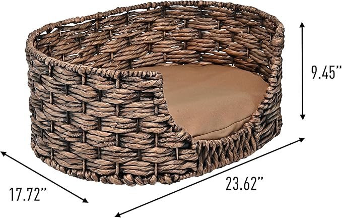 DBD4001B Perri 24" x 18" Classic Farmhouse Handwoven Hyacinth Oval Pet Bed with Machine-Washable Cushion, Brown