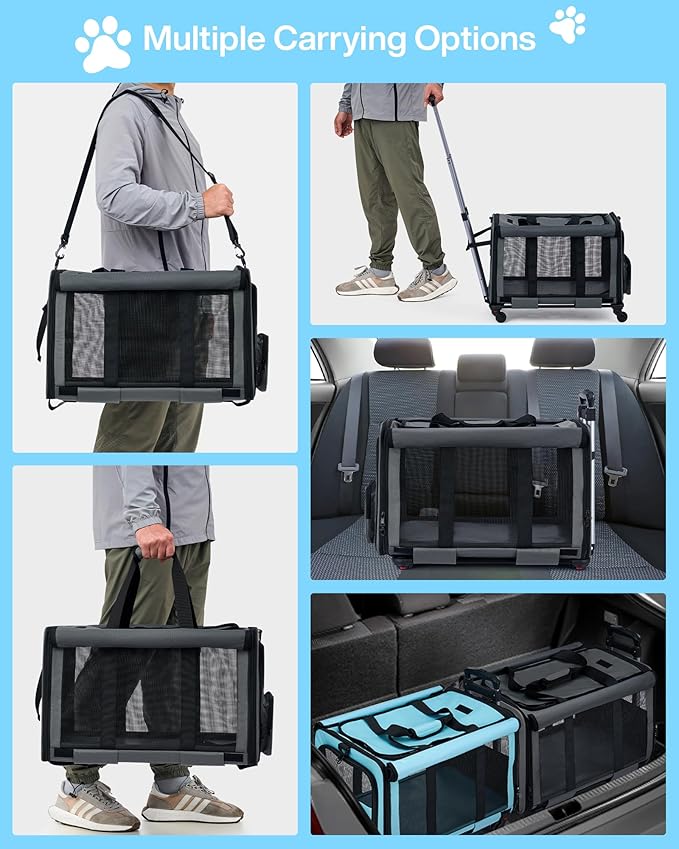 MILADA Extra Large Cat Carrier with Wheels for Big Cats & Small Dogs Soft Sided Rolling Pet Carrier Detachable XL Cat Stroller for Travel, Hiking, Vet & Hospital Use, Grey