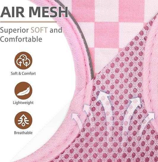 PUPTECK Soft Mesh Dog Harness and Leash Set Pet Puppy Cat Comfort Padded Vest No Pull Harnesses, Checkered Pink&White, XS