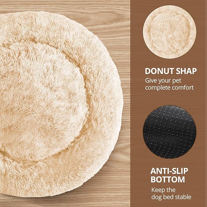 JOLLYVOGUE Small Dog & Cat Beds for Indoor Cats, Donut Cuddler Warming Soft Dog Beds with Anti-Slip Bottom, Round Calming Fluffy Plush Faux Fur Cushion Bed for Small Dogs (20", Off White)