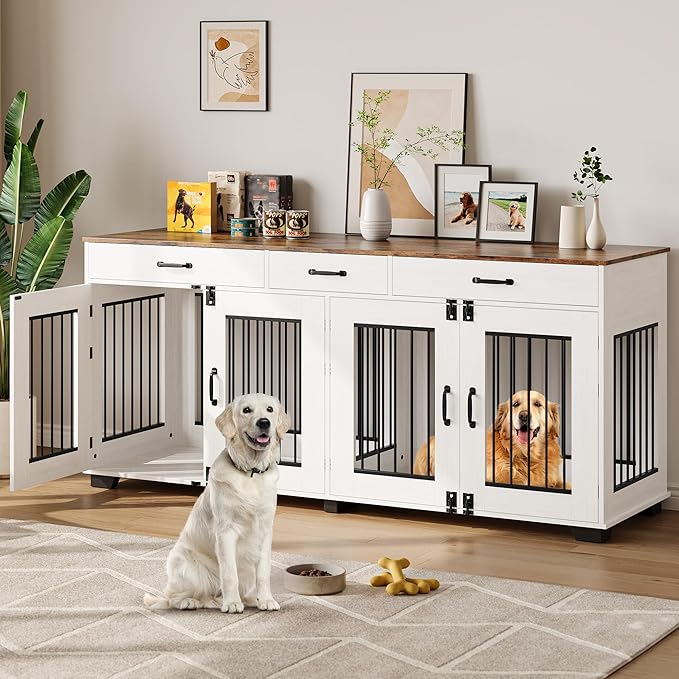 71 in Large Dog Crate Furniture for 2 Dogs with 3 Drawers, Heavy Duty Double Indoor Dog Kennel and TV Stand for Medium Large Dogs, Brown & White