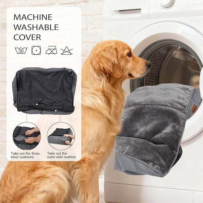 Orthopedic Dog Bed for Extra Large Dogs - Waterproof Memory Foam Dog Couch Bed with Sides, Pet Beds with Washable Cover & Non-Slip Bottom, Grey, 42x30 Inch