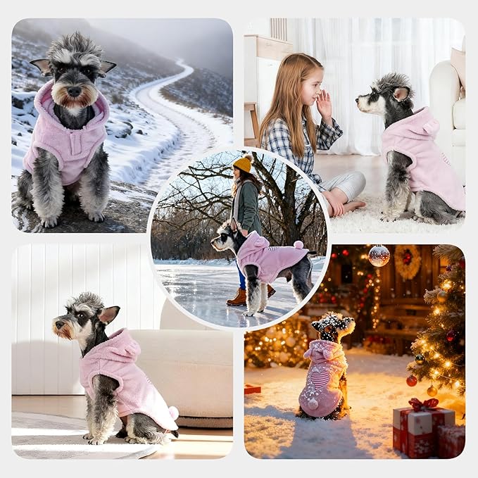 FOFOS Dog Winter Coat, Plush Dog Jacket with Leash Hole, Adjustable Warm Pet Snow Vest for Small Medium Dogs, Pink, M