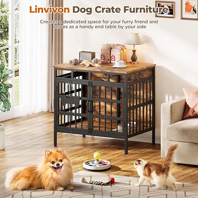 29 Inch Dog Crate Furniture, Heavy Duty Dog Kennel for Small or Medium Dogs, Double Doors Indoor Decor Pet House Cage, Anti Escape Wooden Dog Cage with Name Tag End Table, TV Stand, Brown