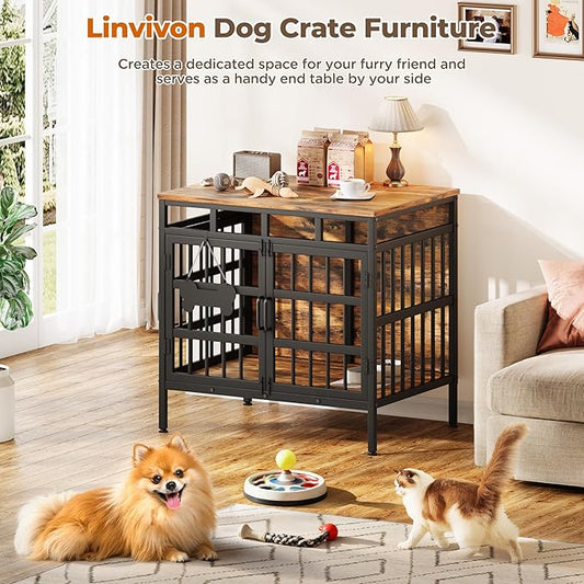 29 Inch Dog Crate Furniture, Heavy Duty Dog Kennel for Small or Medium Dogs, Double Doors Indoor Decor Pet House Cage, Anti Escape Wooden Dog Cage with Name Tag End Table, TV Stand, Brown