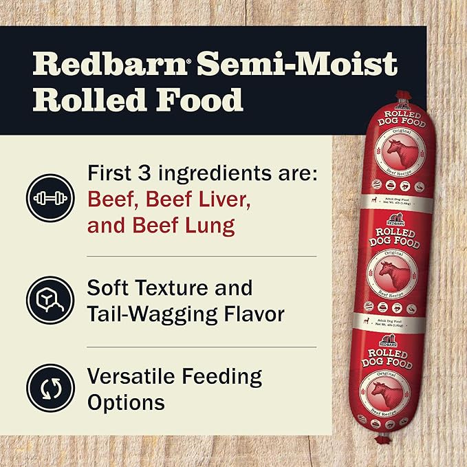 Redbarn Pet Products Premium Rolled Dog Food, Semi-Moist, Beef Recipe - High Protein Full Feed, Topper, Training Treat, or Pill Pouch - Balanced Meal with Functional Ingredients - 4 lb, 8 Rolls