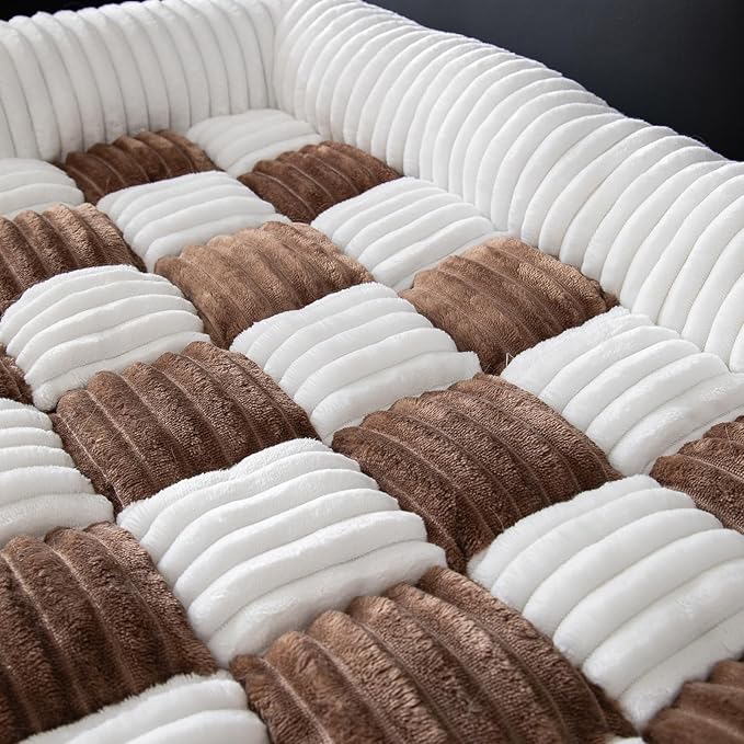 LiveGo Fuzzy Pet Couch Covers for Sofa, Dog Couch Cover Fuzzy Sofa Cover Cream Square Plaid Dog Bed Plush Dog Mat for Furniture Protector for Large Medium Dogs and Cats (Dark Brown, 29.5"*29.5")