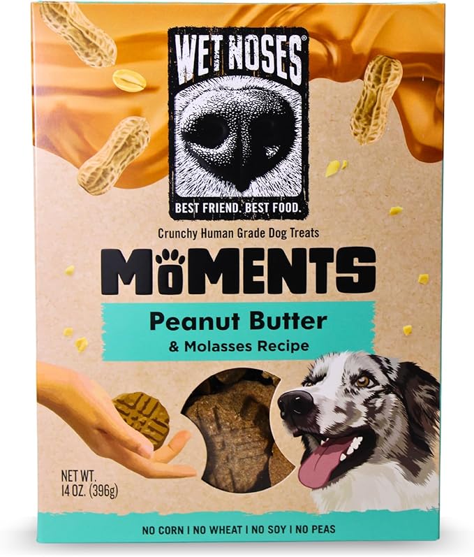 Wet Noses Moments Non-GMO Peanut Butter & Molasses Homestyle Crunchy Dog Treats - 14oz | No Corn, Wheat, Soy or Peas, Made with 4 Simple Ingredients